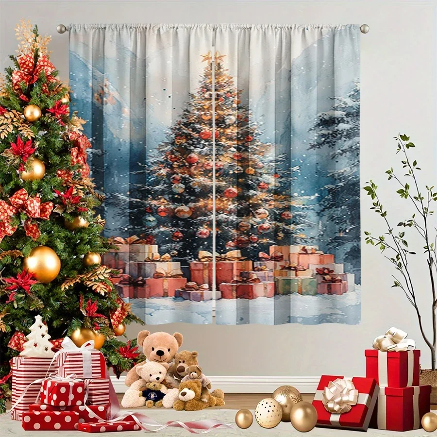 2PCS Christmas Winter Curtains, Watercolor Tree Gift Snow Forest Blue Winter, Digital Print, Bedroom Living Room, Home Decor