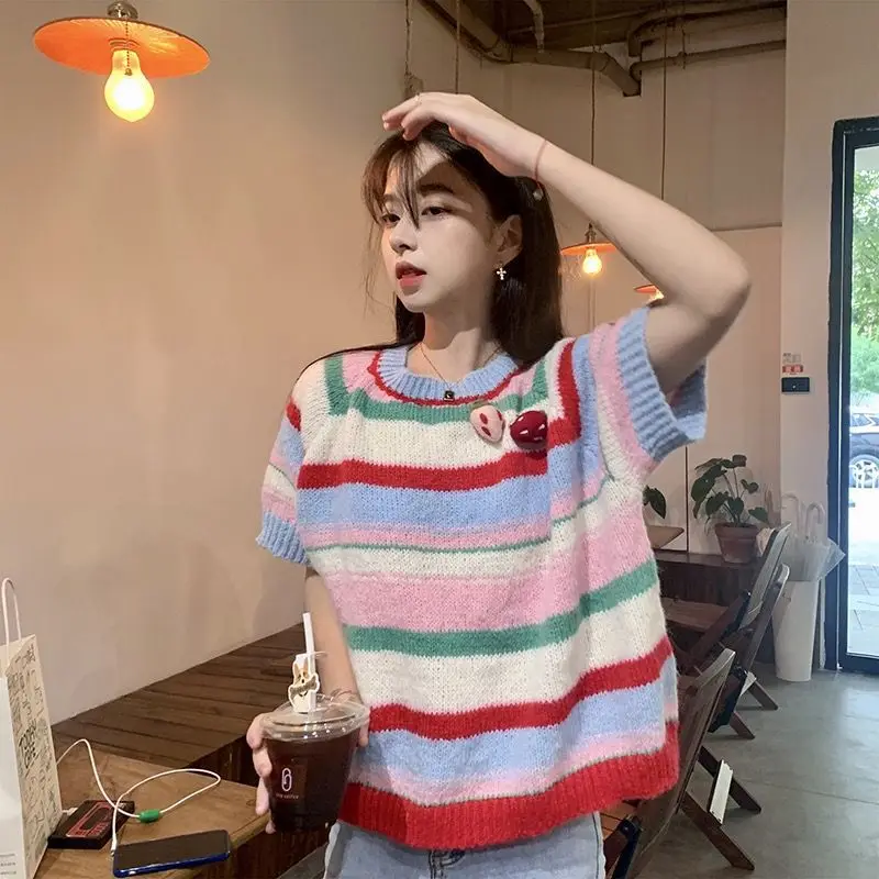 Striped Sweaters Women Cute Korean Style Sweet Three-dimensional Strawberry Half Sleeve All-match Casual Knitting Autumn College