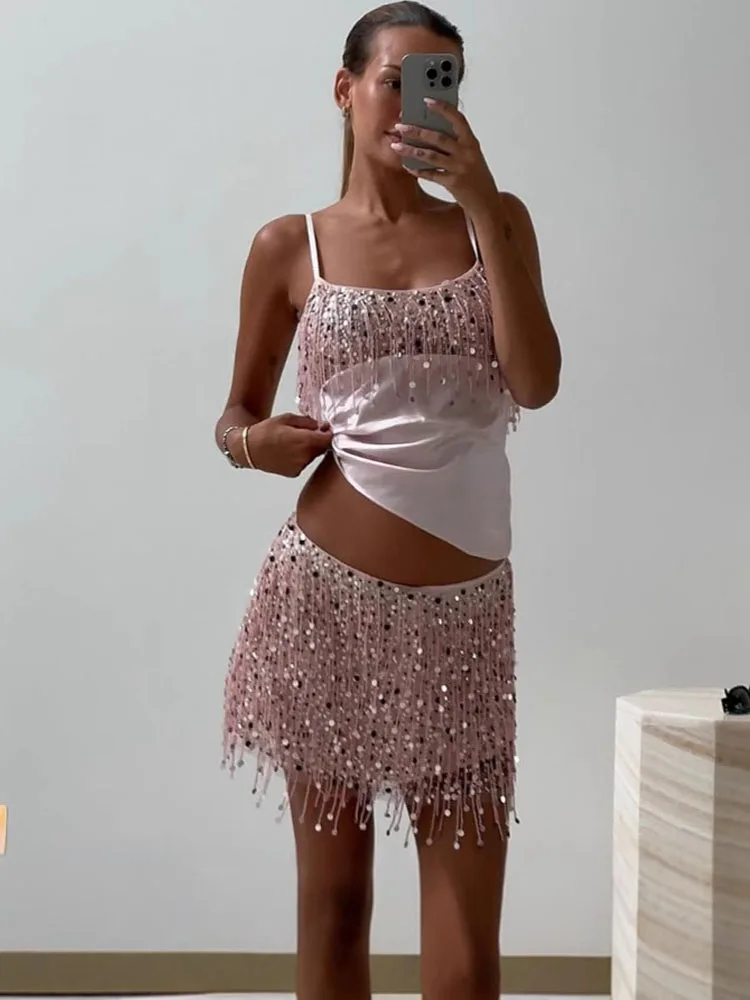 

Sexy Tassels Sequin Beach Set Women Backless Sleeveless Sling Vests Low Waist Slim Mini Skirt Suit 2026 Summer Lady Vacation Set