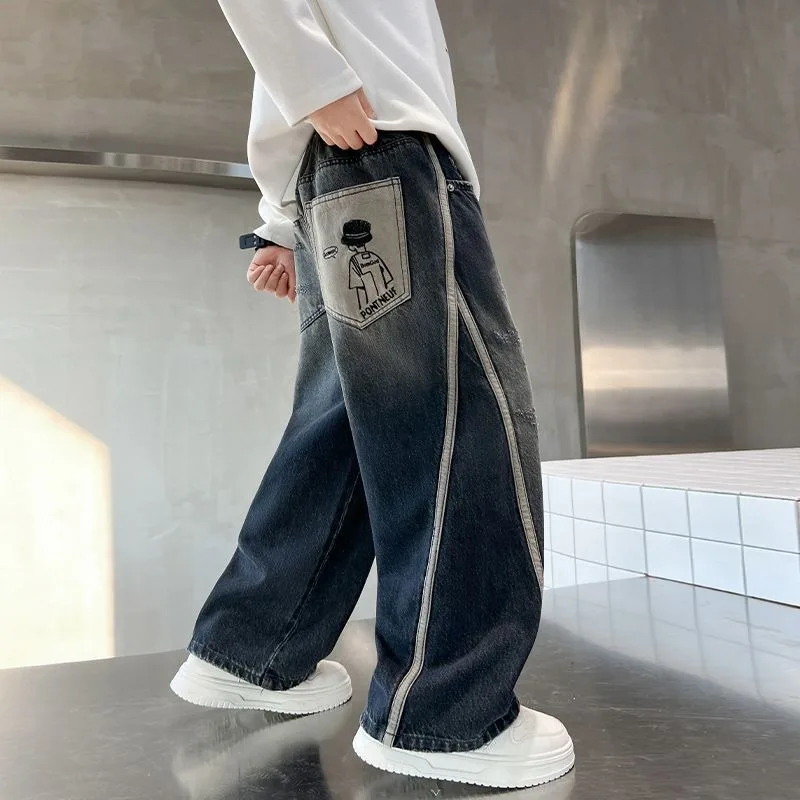 

2025 New Boys Straight Jeans Big & Tall Kids Autumn Winter Denim Pants Boys Long Jeans