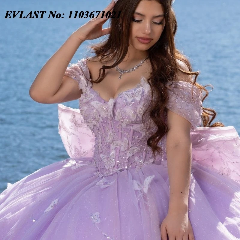 EVLAST Customized Lavender Lilac Quinceanera Dress Ball Gown Butterfly Applique Beaded Bow Sweet 16 Vestidos De XV 15 Anos SQ91