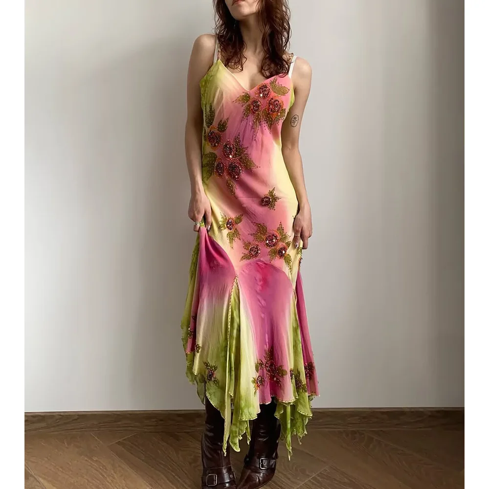 

VEITCHE Summer 2025 New Arrival Women Sexy Printed Ruffled Irregular Long Dress Off Shoulder V Neck Sleeveless Female Vestidos