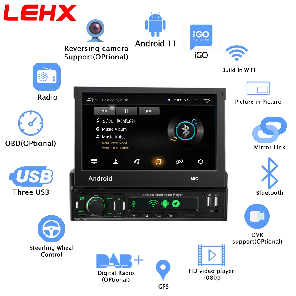 LEHX راديو 1Din أندرويد السيارات Carplay 7 "HD العالمي ستيريو نظام تحديد المواقع الملاح شاشة قابل للسحب راديو السيارة الوسائط المتعددة الفيديو رئيس وحدة DVD #2