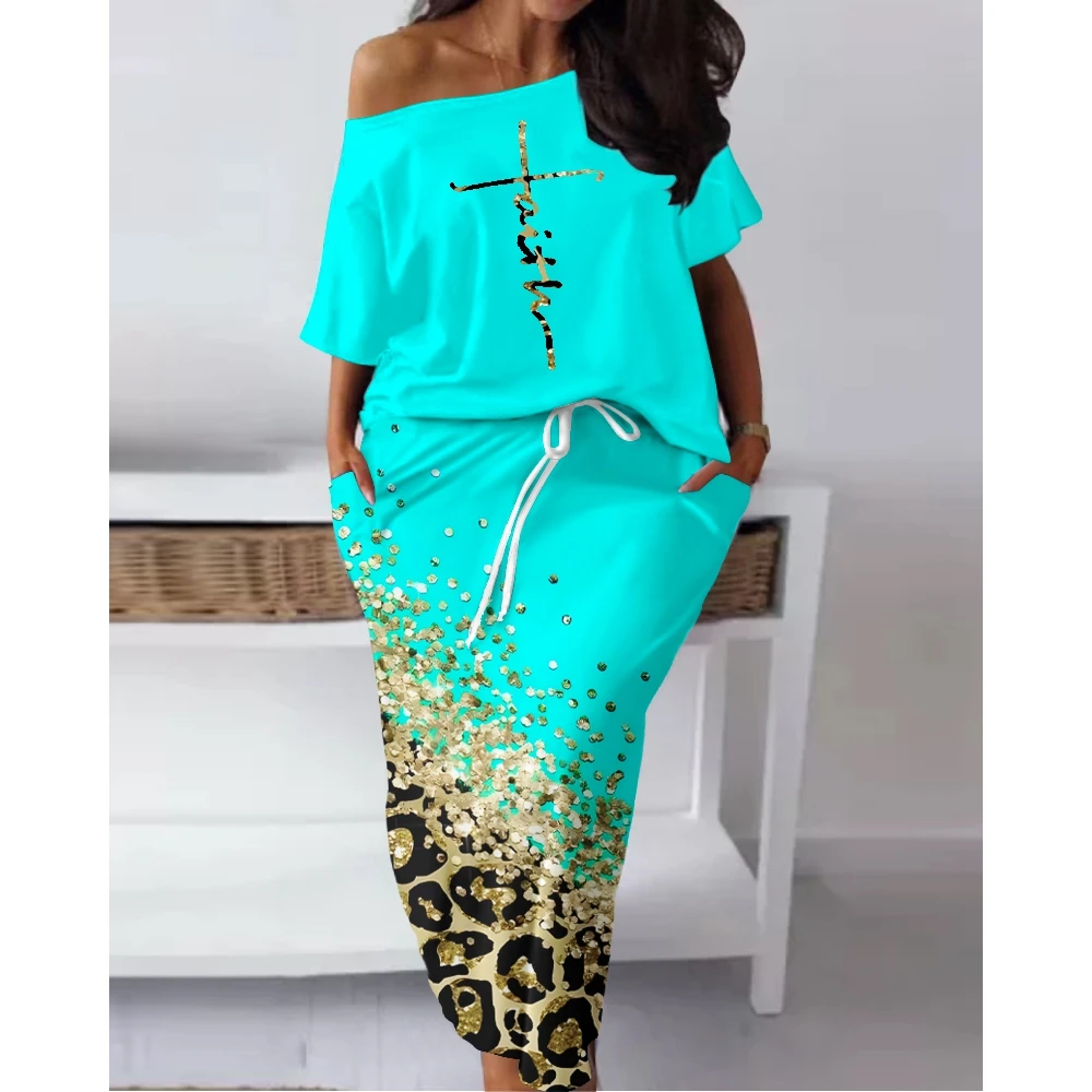 

Women's Faith Letter Pattern Skew Neck Top and Contrast Leopard Print Skirt Sets, Female Casual Clothes, 2 Pcs Sets