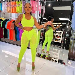 Fitness Mesh Two Piece Sets Women Active Tracksuit Casual Solid Sleeveless Vest Crop Top Legging Pants Outfit Party Club Suits