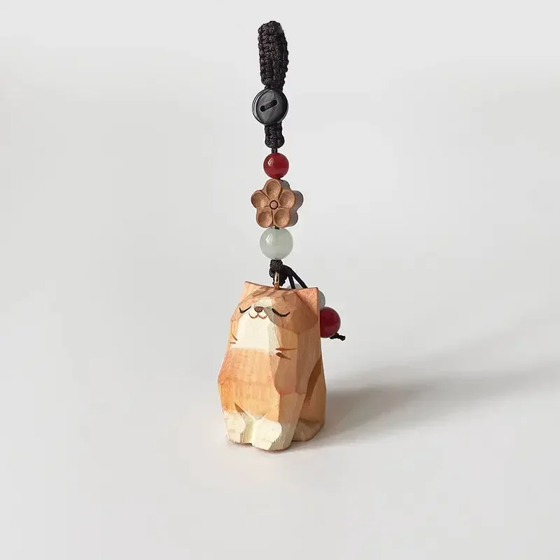 

Handmade wood carving cat safety six-character mantra braided keychain chain ring car schoolbag pendant
