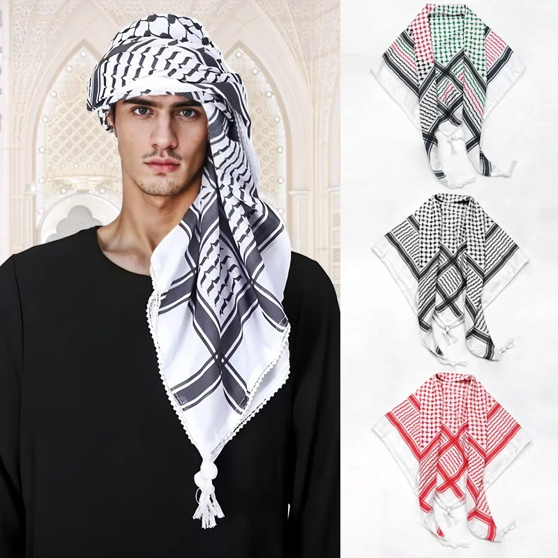 

New 125x125cm Tassel Arabic Turban Square Scarf ArafatPalestinian Three-color Patchwork Knit Embroidered 49inch Square Scarf