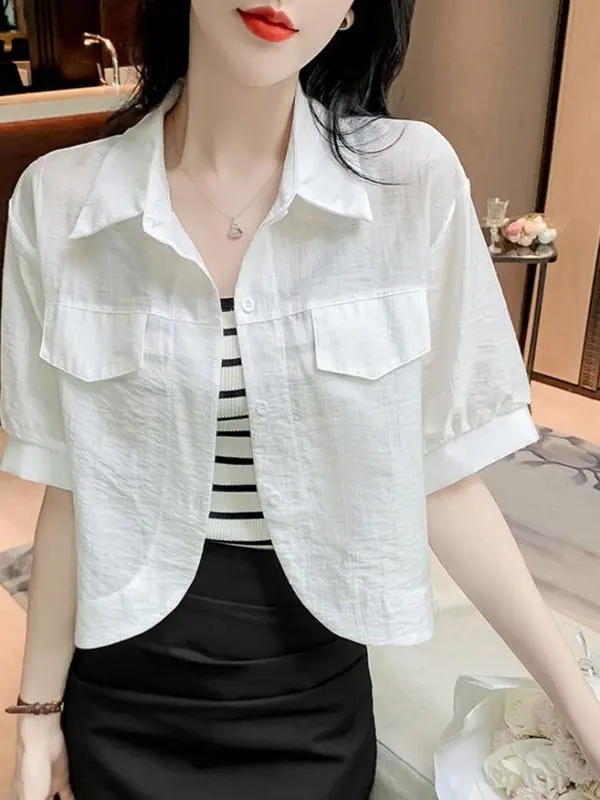 

Summer New Ice Silk Collar ort Sve Open Cardigan Women's irt Versatile High End ort Length Sun Protection Clothing