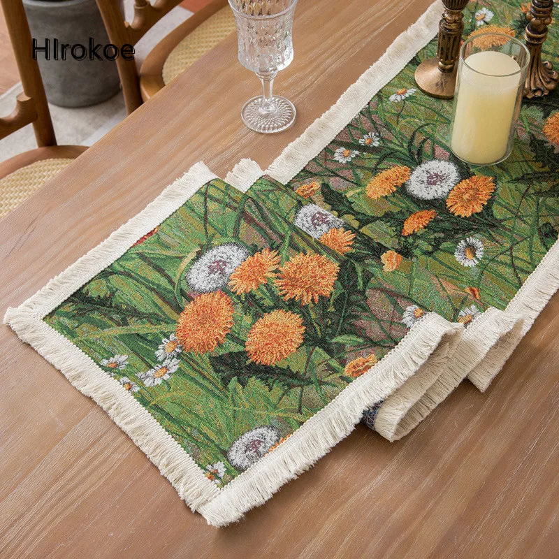 

Retro Green Oil Painting Placemat Daisy Tablecloth Sunflower Table Mat TV Cabinet Shoe Cabinet Decorative Dining Table Runner