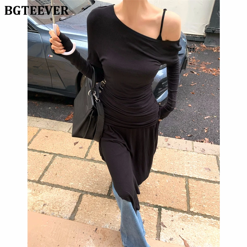 BGTEEVER Autumn Stylish Women 2 Pieces Dress Set Long Sleeve Skew Collar Irregular Dress & Sleeveless Package Hip Mini Dress
