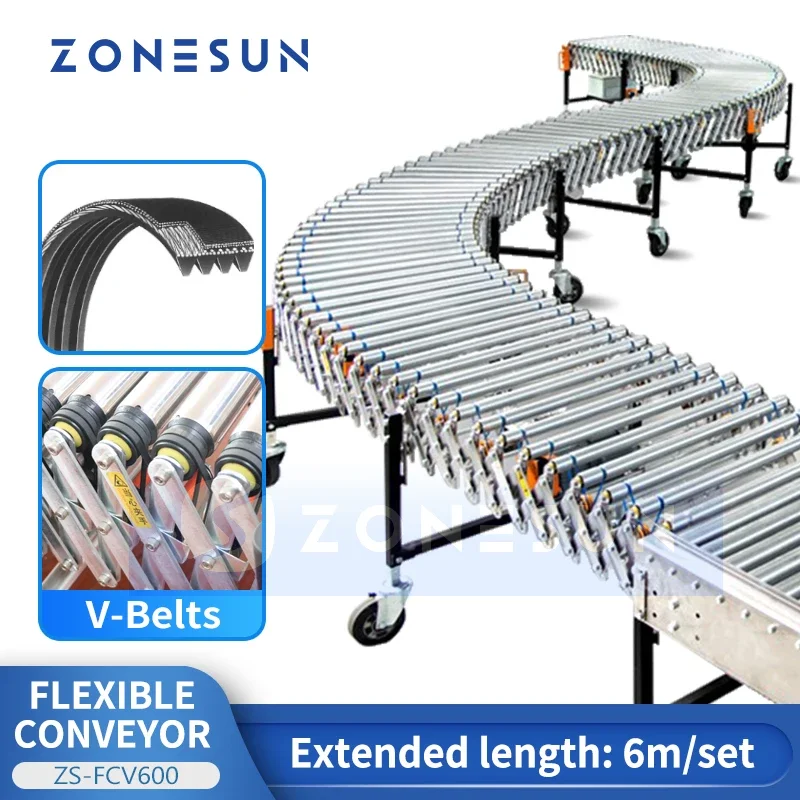 ZONESUN Flexible Conveyor Expandable Roller Conveyor Multi Wedge V Belts Material Handling Transportation Equipment  ZS-FCV600