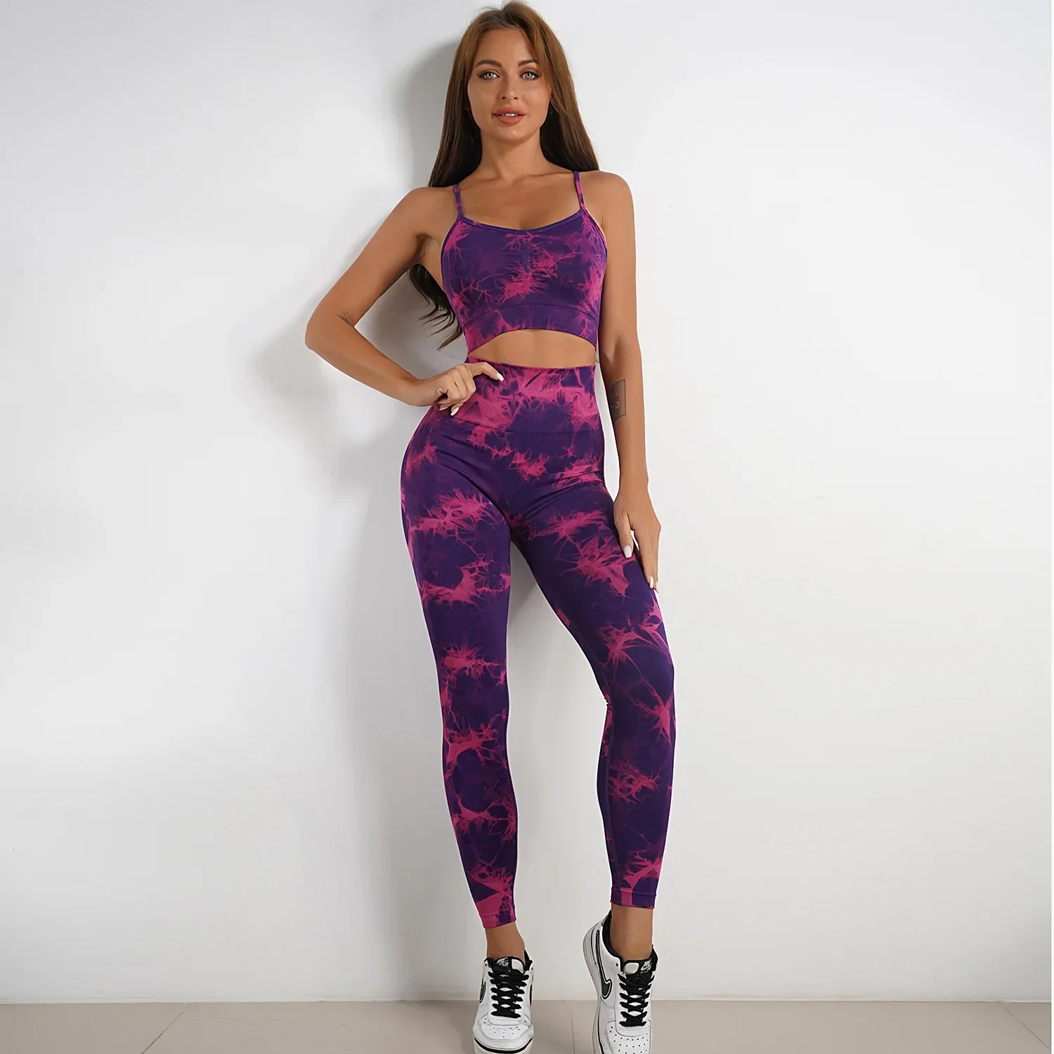 Women 2 Piece Set Outfit Tie-Dye Bras Crop Top Leggings Yoga Suit Sports Kit Fitness Clothing Workout Pants Gym Set Sportswear view 5
