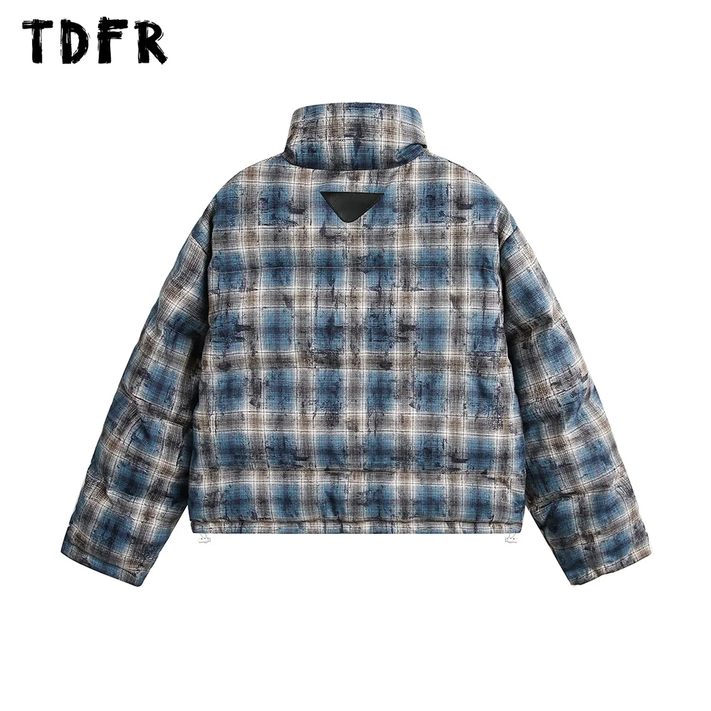 Plaid Double-sided Padded Jacket Mens Letter Embroidery Streetwear Winter Thick Stand Collar Drawstring Hem Bread Jacket Men