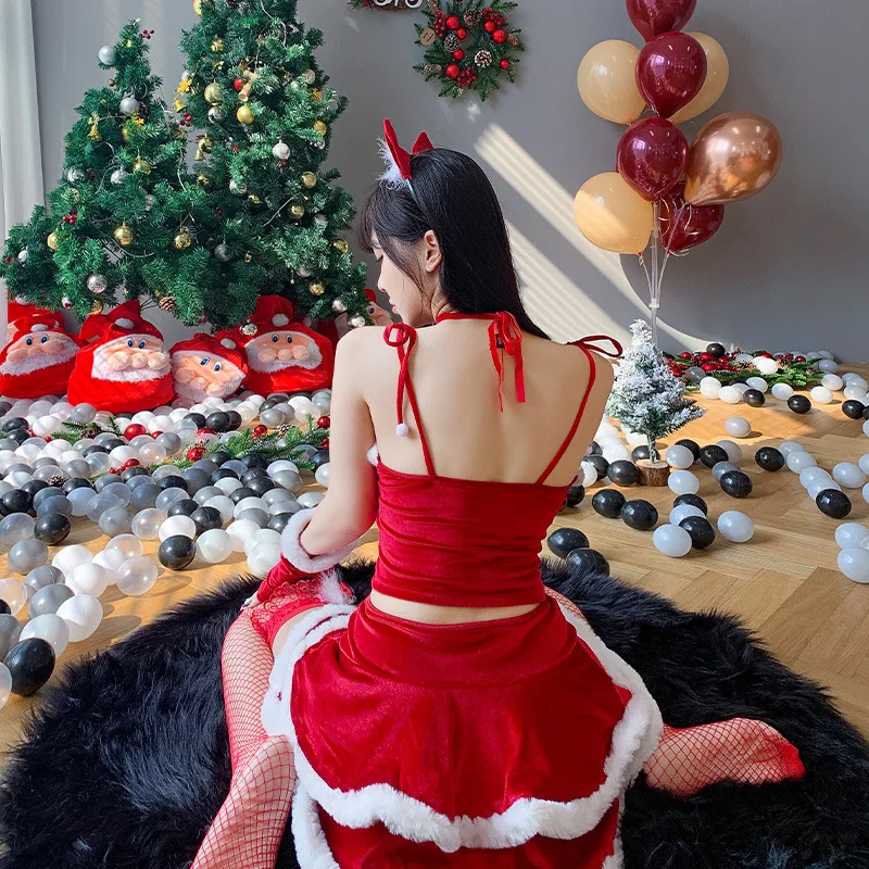 Women Chinese Christmas Costumes Santa Claus Cosplay Costume Stage Party New Year's Uniform Tube Top Skirt Accessories Set