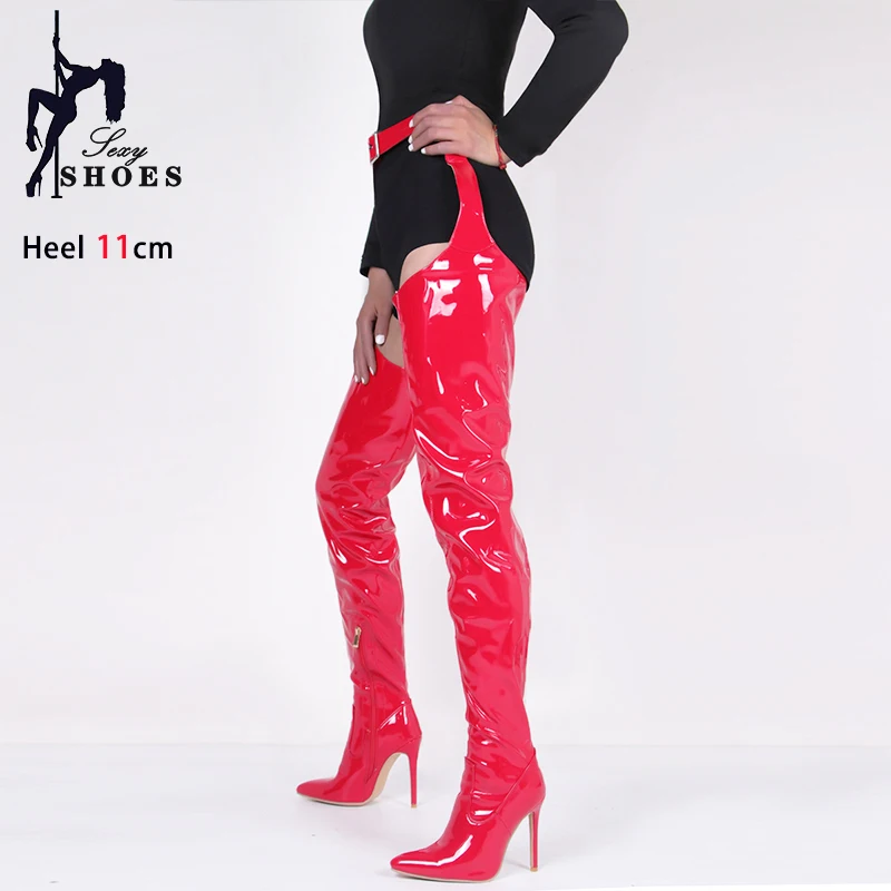 Red Leather Boots Women Belt Buckle Over-the-Knee Heels Nightclub Club Pointed End Long Boots Thigh High Sexy Striptease Shoes