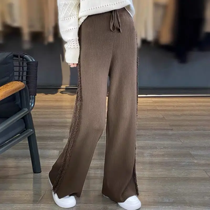 ขอบถักขากว้างฤดูใบไม้ร่วงฤดูหนาว Petite Draping Brushed กางเกงขาตรง