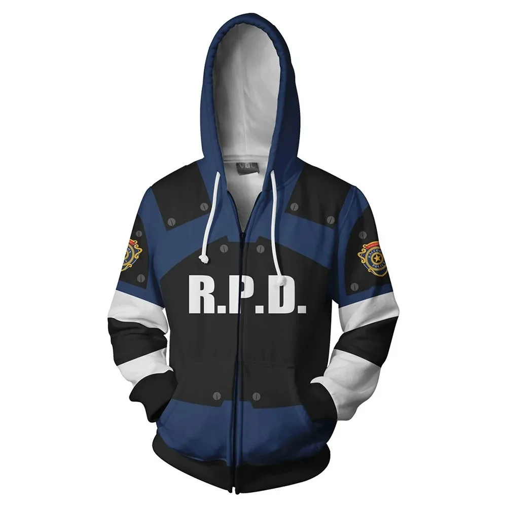 Resident RPD Leon Scott Kennedy Cosplay Hoodie Sweatershirt Causal Zipper Jacket Coat Costume Zipper Hooded Sweatshirt