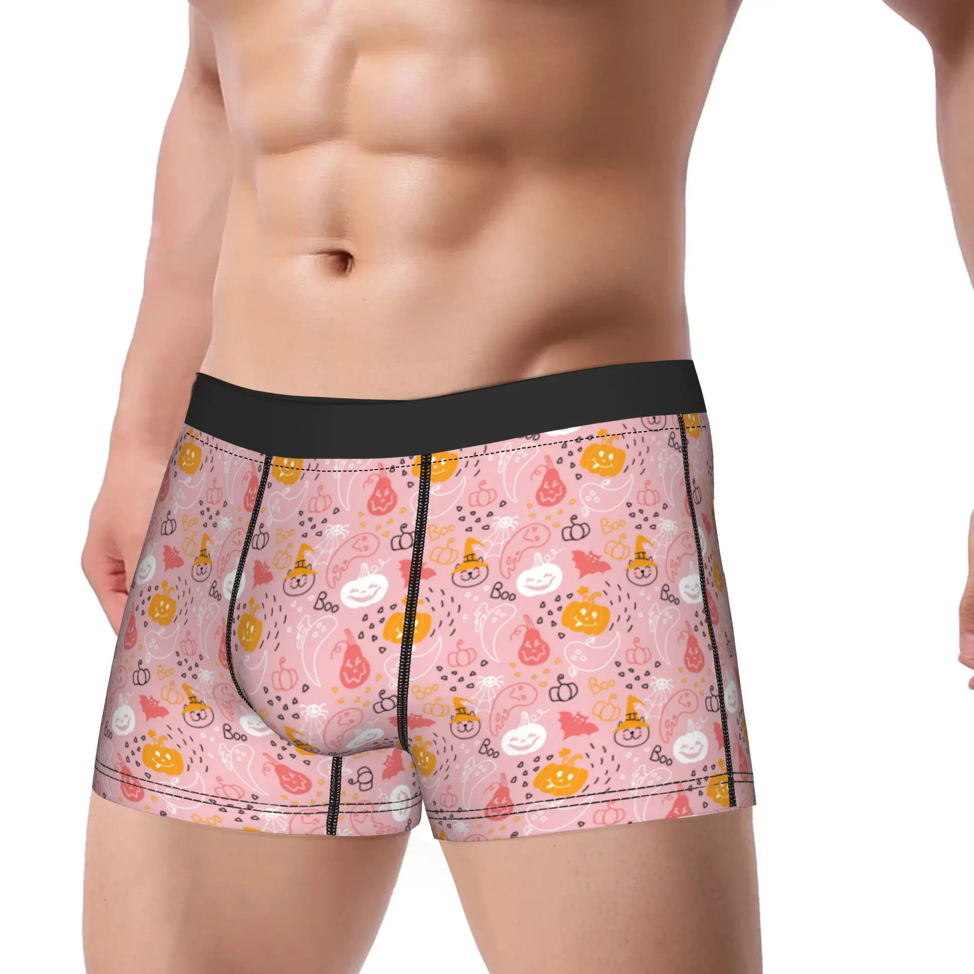 Man Cartoon Halloween Ghost Pumpkin Long Underwear  Fashion Boxer Briefs Shorts Panties Male Mid Waist Underpants Plus Size