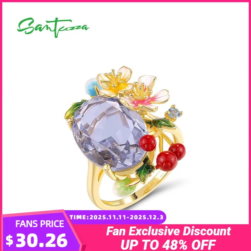 

SANTUZZA массивные кольца из чистого серебра 925 пробы для женщин с цветочным принтом и вишней, привлекательные подарки для вечеринок, эмаль, ювелирные изделия