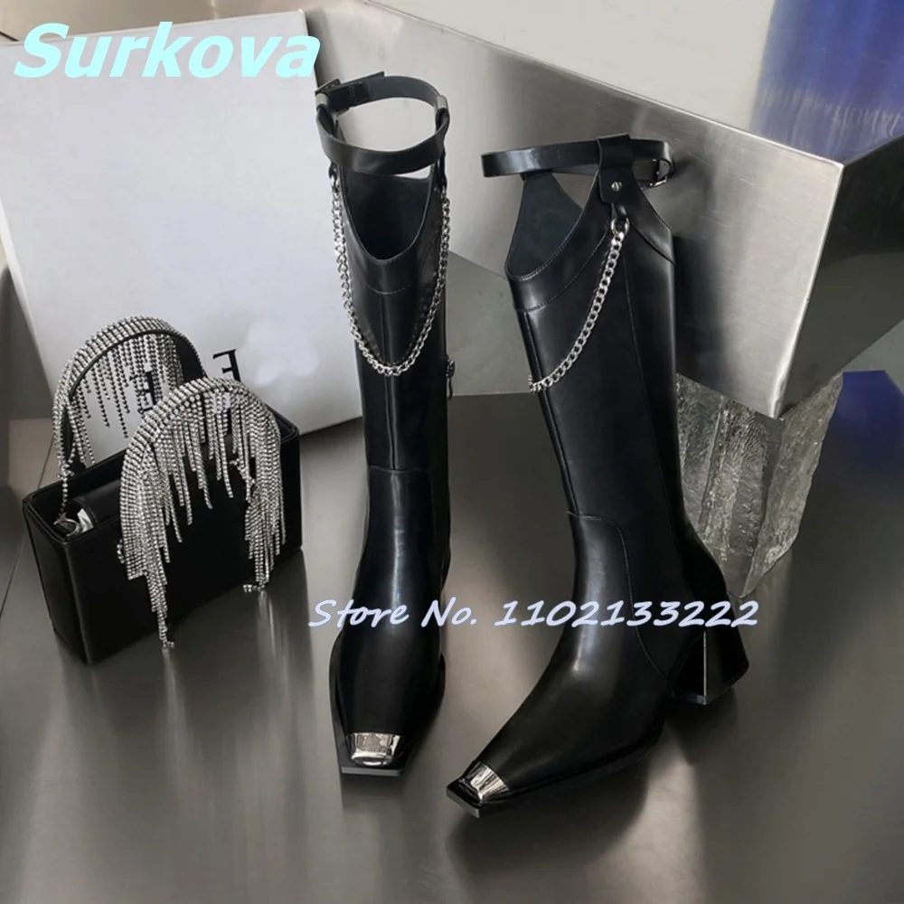 Metal Square Toe Chain Leather Boots V Mouth Chunky High Heels Side Zipper Dark Boots Fashion Sexy Women Shoes Winter Long Boots