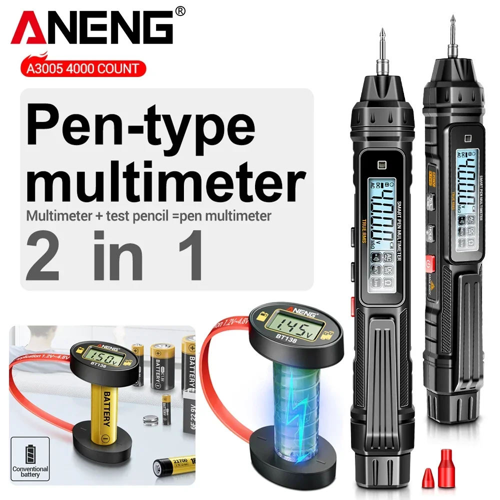 ANENG A3005 Digital Multimeter + BT138 Battery Tester Kit 4000 Counts NCV Live Wire Detector 1.2V-4.8V 9V Battery Level Checker