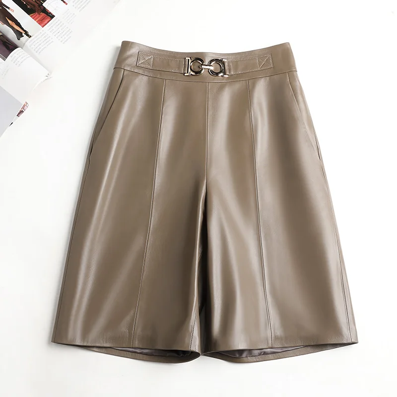 AYUNSUE Genuine Leather Shorts for Women New 2023 Wide Leg Pants Korean Style Sheepskin Shorts High Waist Knee Length Streetwear