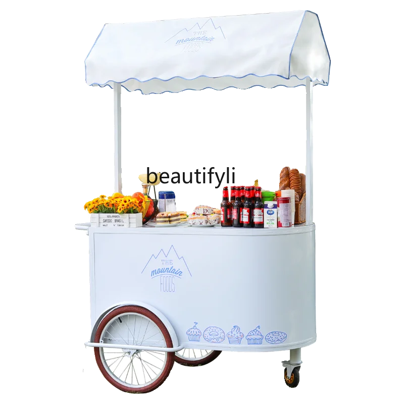 Outdoor market stall trolley food cart grilled sausage octopus balls snacks, cold drink food truck