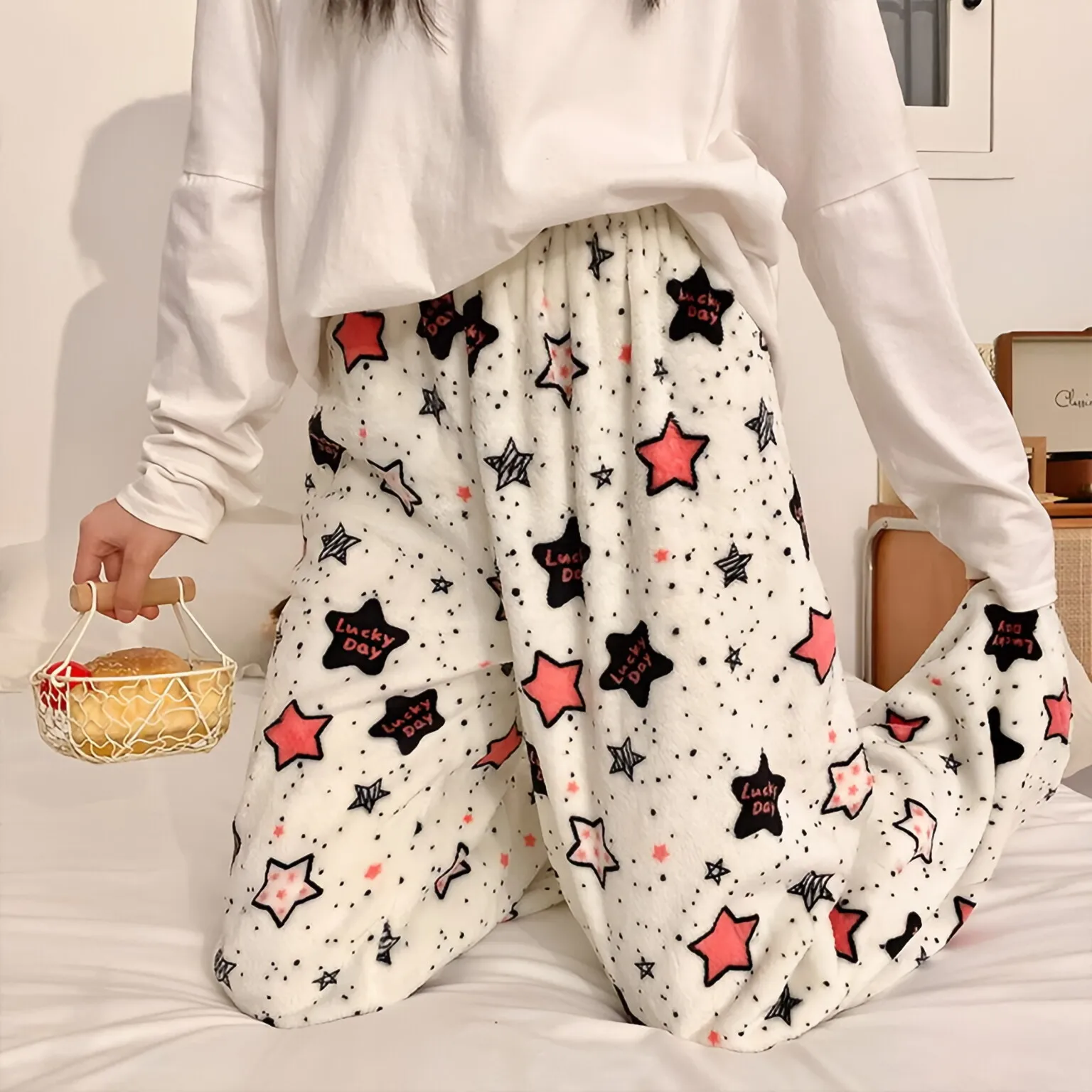 Lucky Stars Pajamas Pants Cute PJ Pants Warm Fluffy Women Pyjamas Korean Kawaii Fuzzy Flannel Sleepwear Girls Homewear Trousers