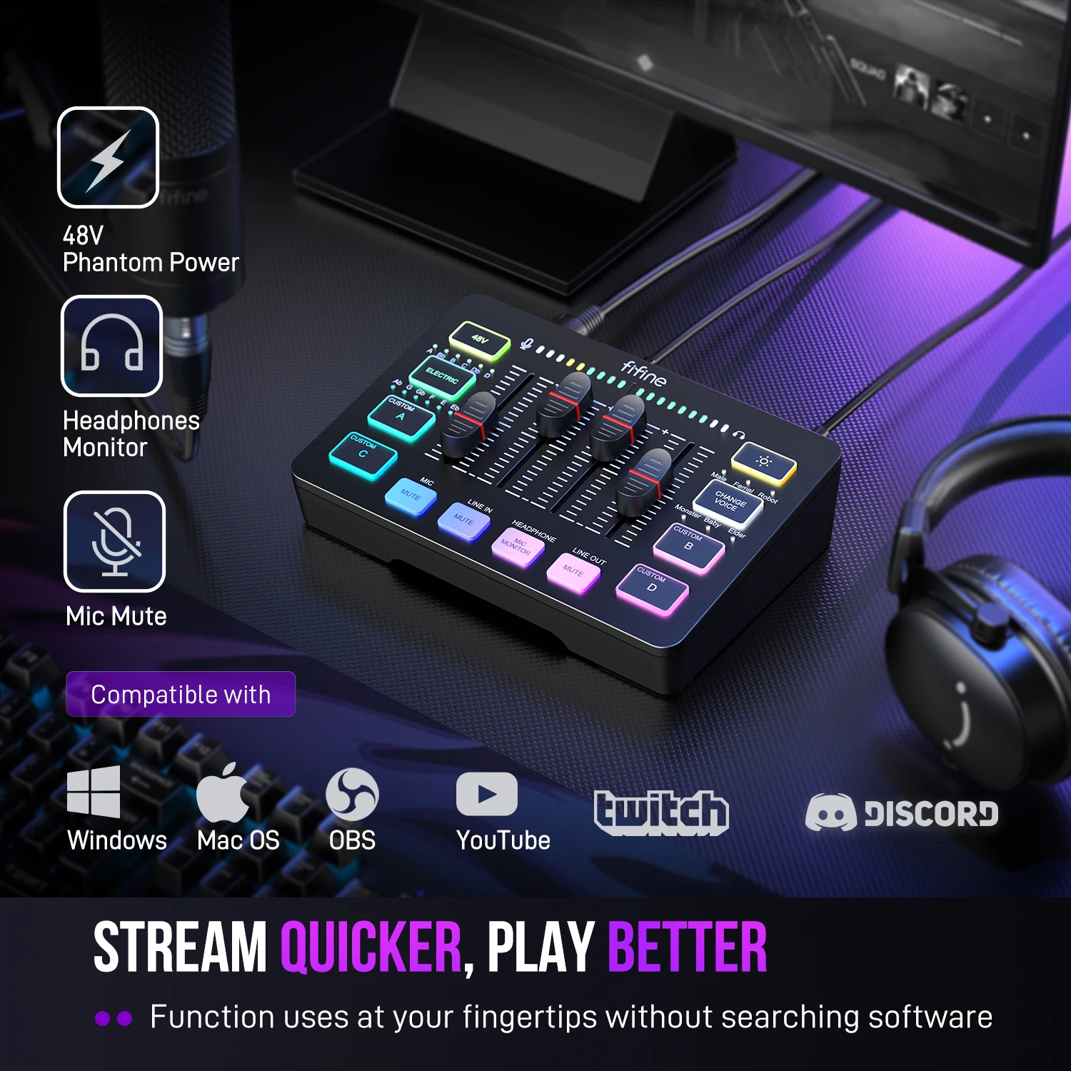 FIFINE SC3 4-Channel RGB Audio Mixer with K688 XLR/USB Dynamic