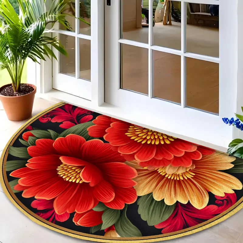 Classic Welcome Word with Flower Semi Circle Floor Pad Commercial Entry Rug For Supermarket Bistro Restaurant