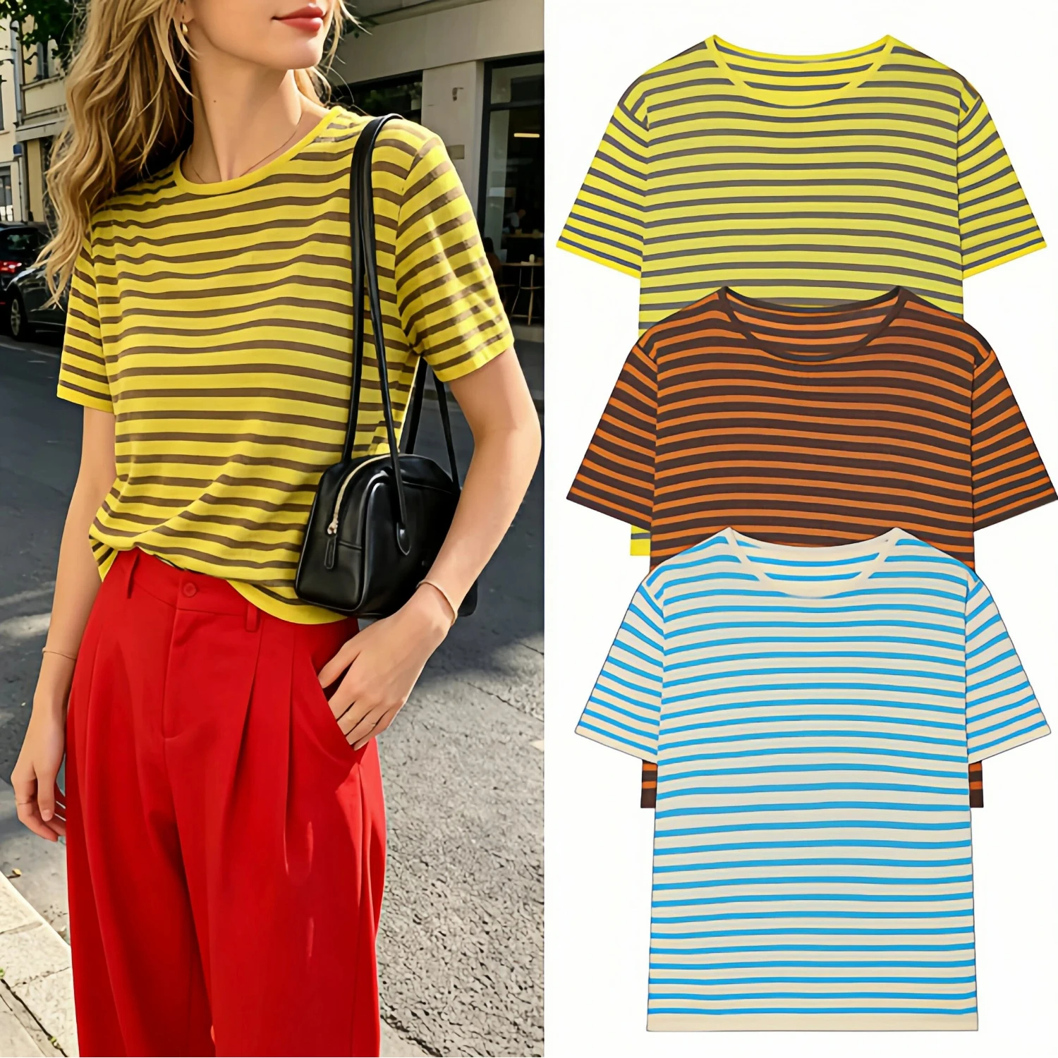 Fashion Striped Commute Top Short Sleeve Women Casual Contrast Chic Elegant Going Out Lightweight Striped Top for Female
