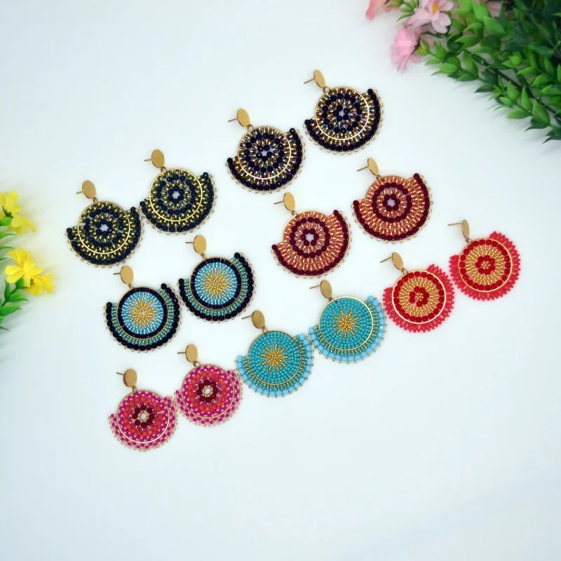 Beaded earrings Crystal Bohemia Versatile Design Sector Hand knitting Female Original Gradient color Tide Rice bead earrings
