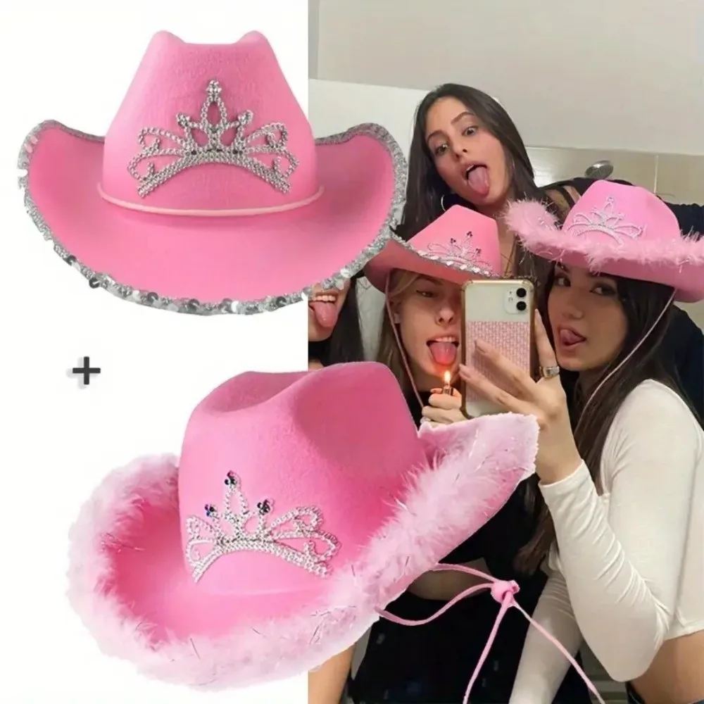 Pink Color Western Cowboy Cap Feather Edge Sequin Decoration Tiara Cowgirl Hat Rhinestone Feather Edge Fedora Cap for Jazz Event