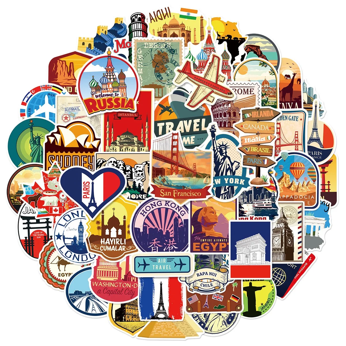 10/50PCS ที่มีชื่อเสียงของโลกท่องเที่ยวเมืองแลนด์มาร์คสติกเกอร์กันน้ำไวนิลสติ๊กเกอร์สำหรับขวดน้ำแล็ปท็อปกระเป๋าเดินทางสเก็ตบอร์ดสติกเกอร์