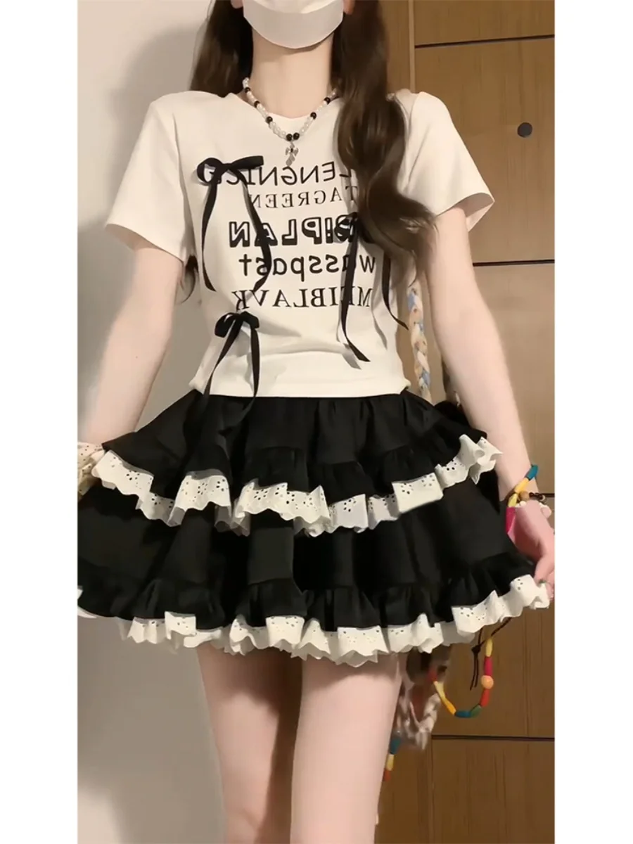 Ballet Style Lace Splice Cake Skirt Women's Summer New plus Size Fat MM Black Sweet And Spicy Short Skirt Half Body Fluffy Skirt