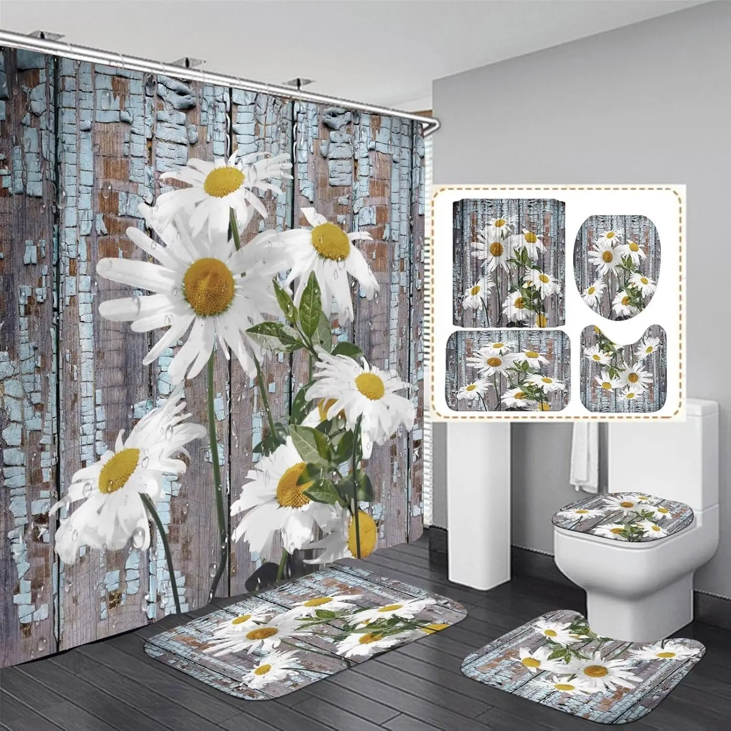 

White Daisy Flower Shower Curtain Sets 4 Pcs Rustic Farmhouse Bathroom Decor Set with Shower Curtain and Rugs and Accessori