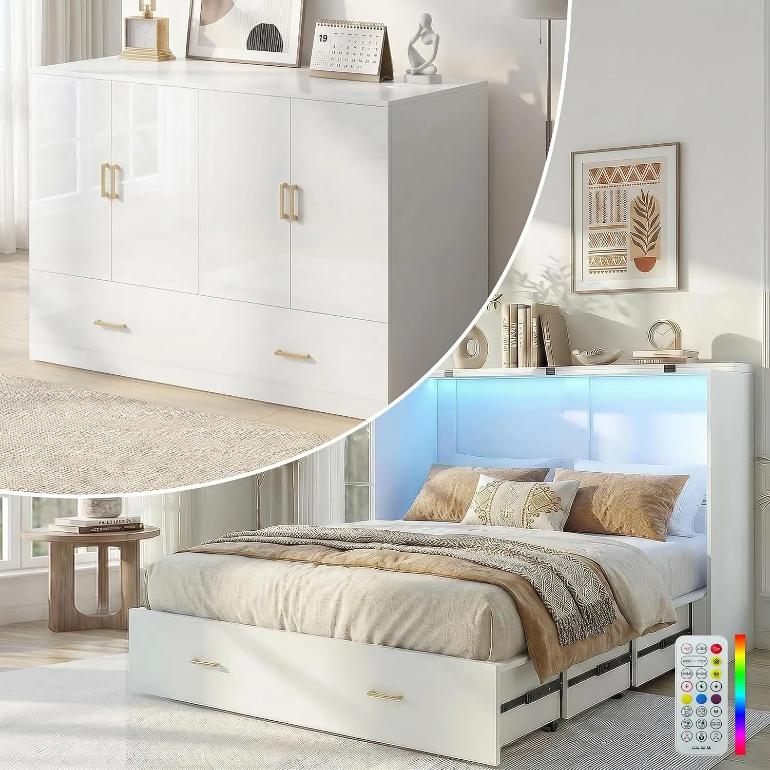 Murphy Cabinet Bed with Tri-Folding Mattress, Queen Size White, Customized