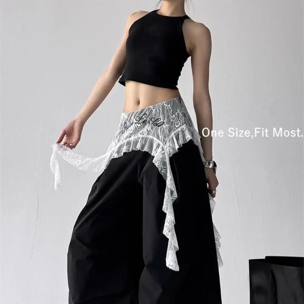 กระโปรงมินิสเกิร์ตปักลายดอกไม้ ผ้าลูกไม้ซีทรู แต่งระบายผูกเชือกแบบไม่สมมาตร สไตล์ Y2K สตรีทแวร์ ฮาราจูกุ กระโปรงจับจีบ