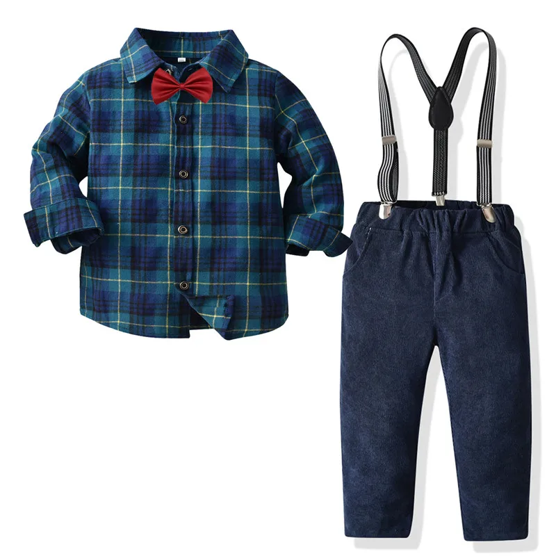 

Autumn boy gentleman long-sleeved plaid shirt overalls trousers children's baby show host formal dress one-year-old dress