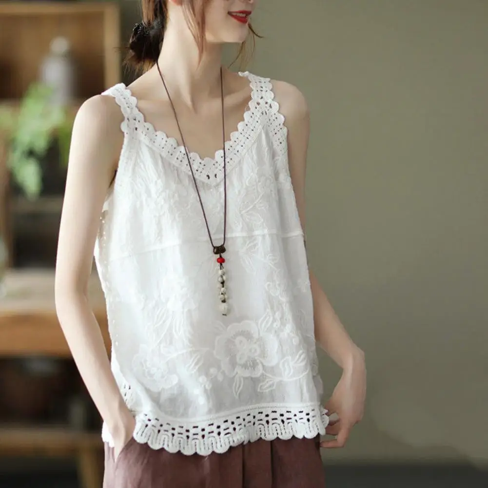 

Women Summer Tank Tops V-neck Sleeveless Solid Color Loose Fit Casual Blouse Embroidery Lace Pattern Sling Tops Female Camisole