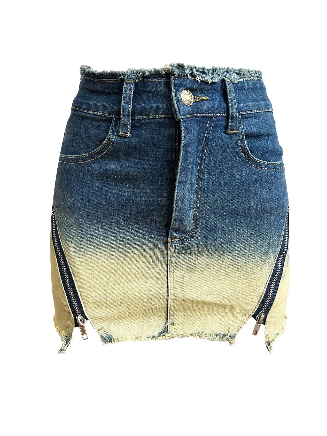 Women'S Skirts Autumn Sexy Zipper Gradient Slim Fit Stretch Denim Skirt Streetwear Lady Jean Mini Skirt Club Party Denim Skirt