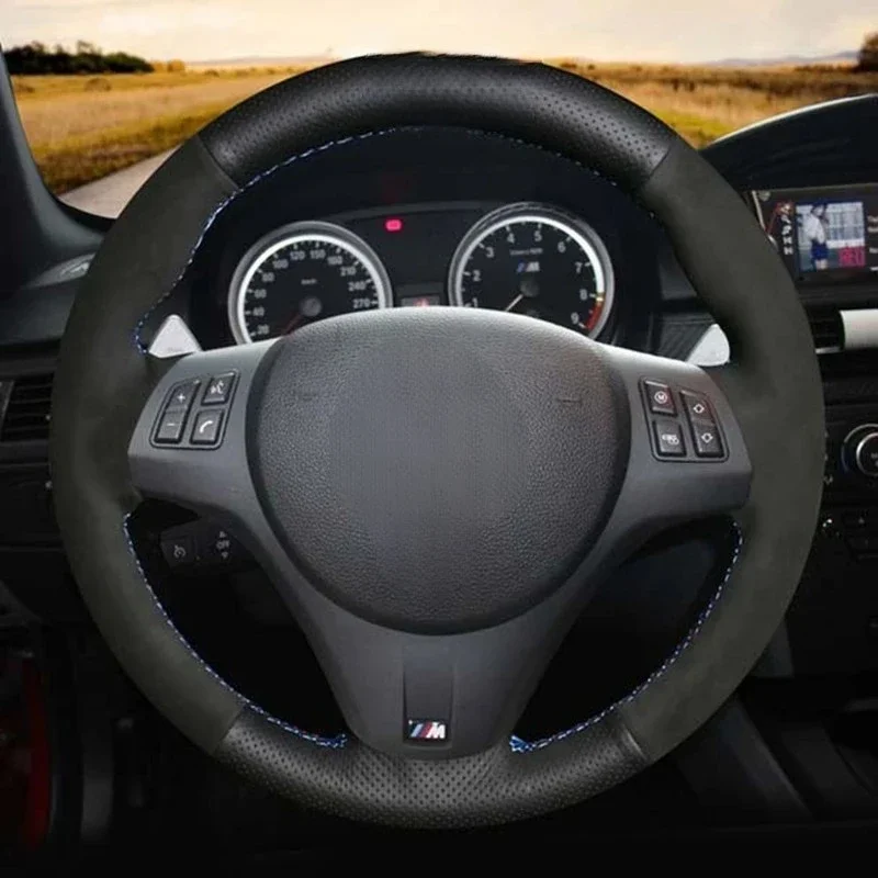 غطاء عجلة قيادة السيارة مخصص ، جلد مدبوغ أسود ، جديلة لبي إم دبليو إم سبورت M3 ، E90 ، E91 ، E92 ، E93 ، E87 ، E81 ، E82 ، E88 ، X1 ، E84