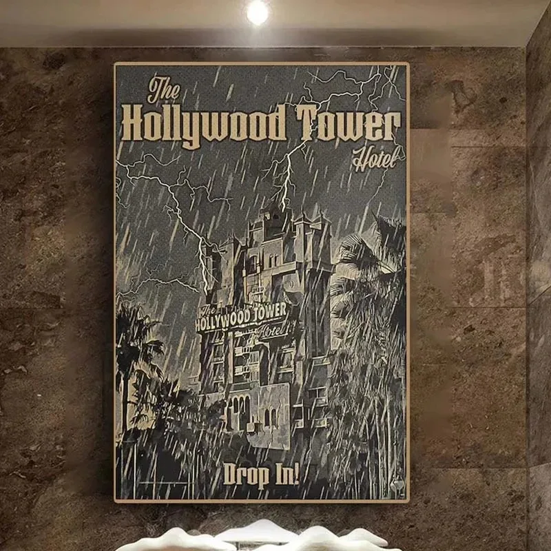 Miniso Disneyland Retro Poster Hollywood Tower Hotel Walt Disney Twilight Tower Horror Canvas Wall Decoration Art Printing Gifts