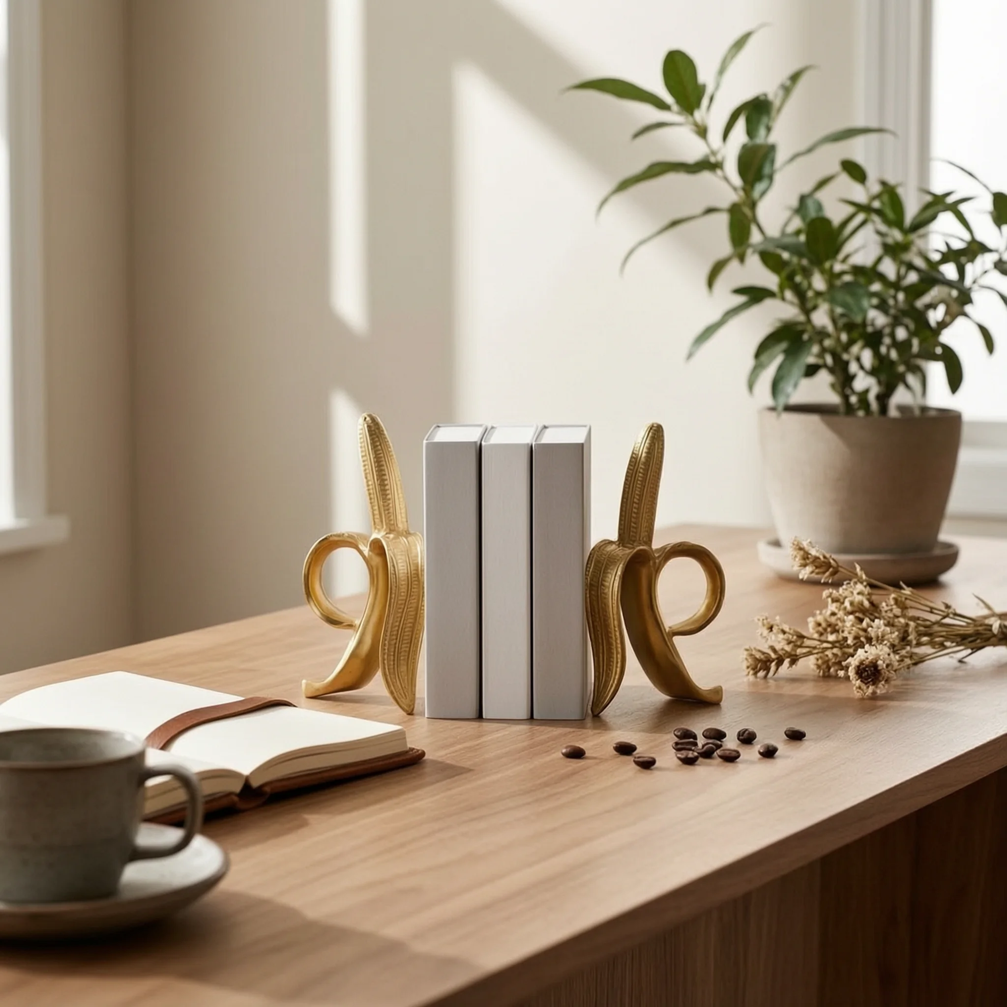 banana-bookend-shiny-bookend-with-banana-shape-sculpture-modern-decor-playful-for-art-collectors-bookshelf-office