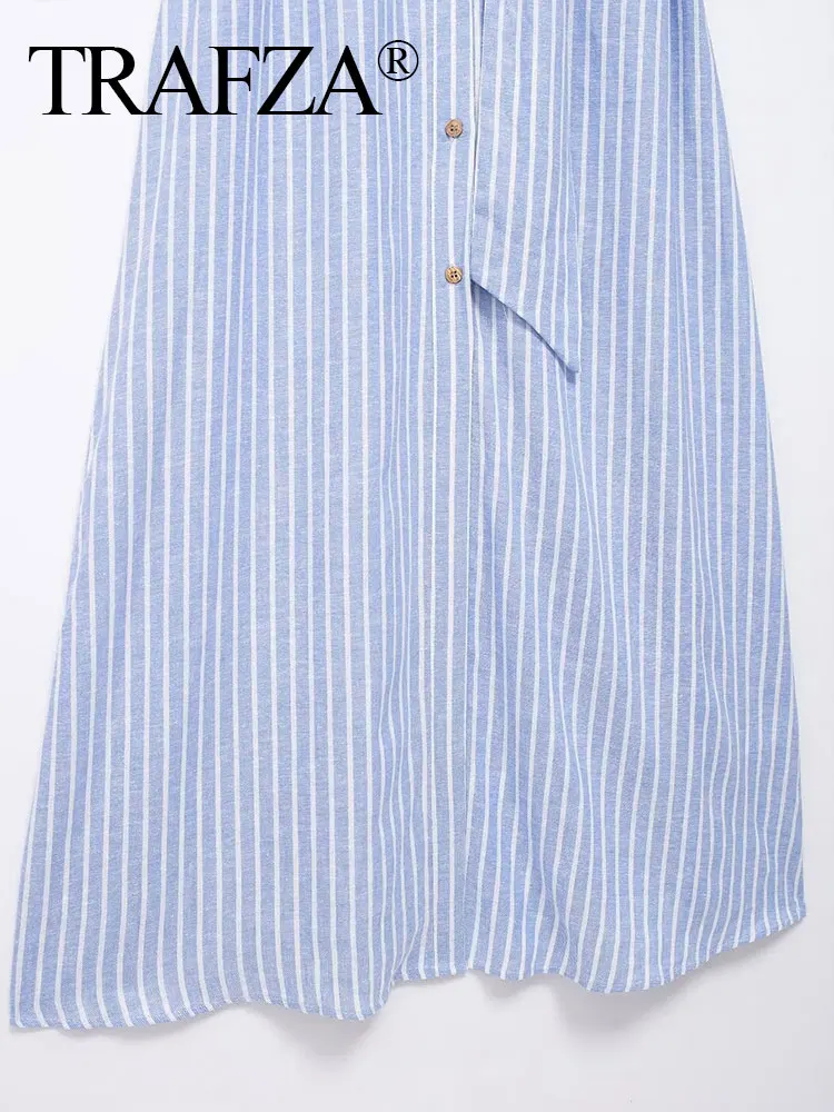TRAFZA 2024 Female Commuter Shirt Dress Striped Long Sleeves Pocket Women's Casual Gentle With Belt Lapel Summer Elegant Dresses