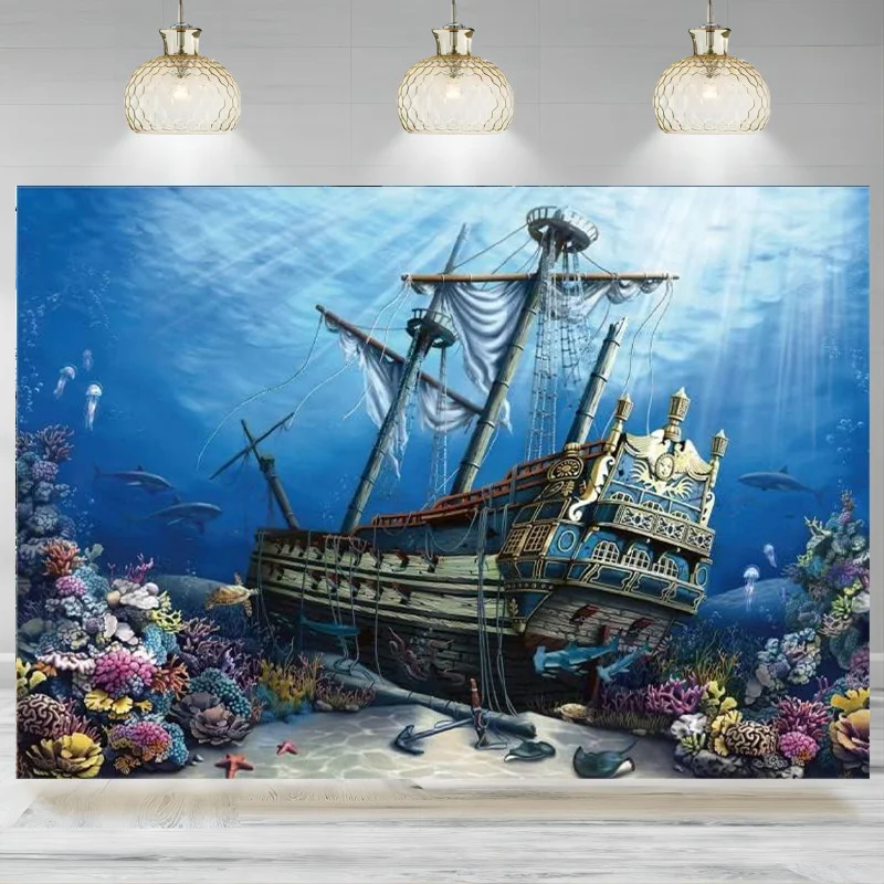 Underwater Photo Background Sunken Ship Photography Backdrop Pirate Theme Party Banner Aquarium Fish Tank Decoration Supplies