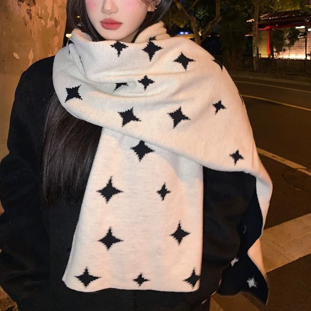 

Harajuku корейский стиль со звездами шейный платок мягкий двусторонний женский зимний шарф ветрозащитный кашемировый вязаный шаль женский
