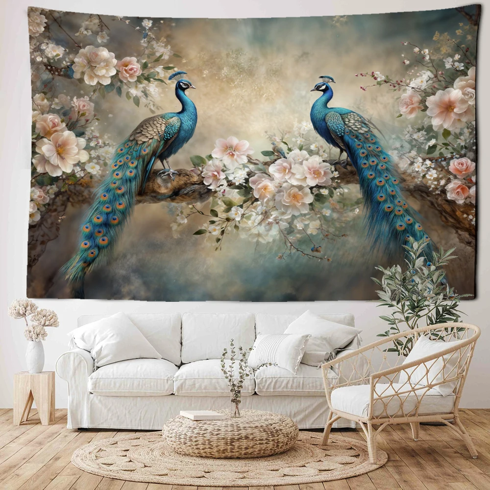 Vintage Flowers Peacock Tapestry Wall Hanging Bohemian Minimally Mysterious Art Oil Painting Living Room Bedroom Home Decor