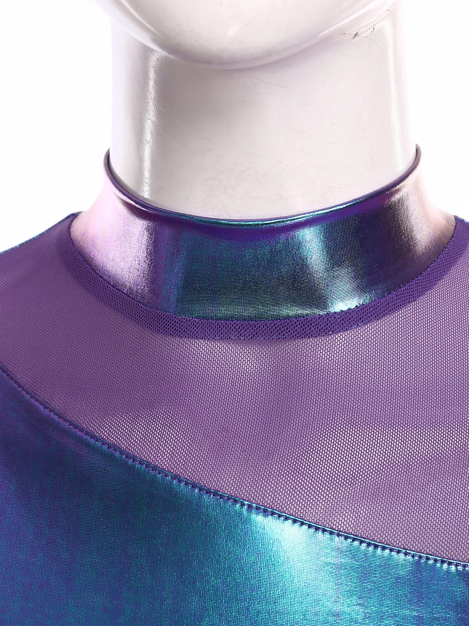 

Womens Shiny Metallic Slim Fit Jumpsuit Sheer Mesh Patchwork Long Sleeve Back Zipper Full Length Leotard Unitard Rave Clubwear