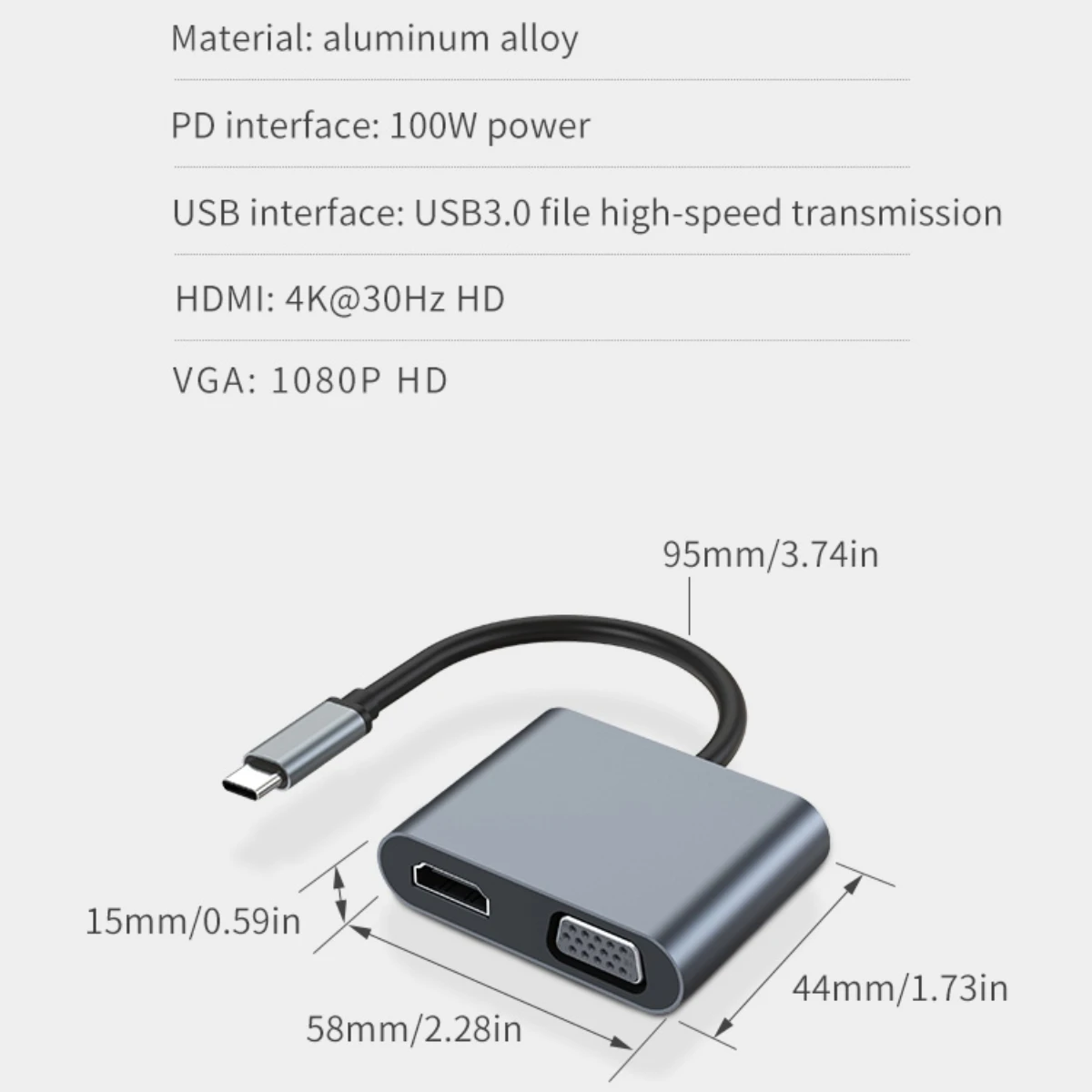 USB C Hub 4-in-1 MultiPort Laptop Docking Station with 4K HDMI,VGA 1080P,USB3.0(5Gbps),PD 100W for Macbook Pro/Air iPad Pro XPS